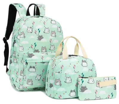 Image de Ensemble de sac à dos pour fille, adolescent, 3 pièces, motif chat vert, comprenant un sac à déjeuner et une trousse