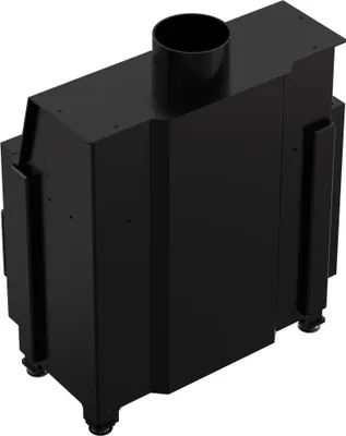 A 3D render of a black metal fireplace insert with a flue pipe on top.