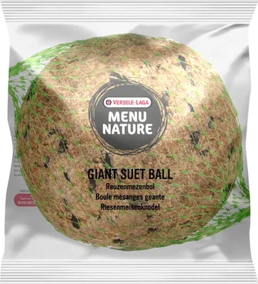 A giant suet ball for birds, enclosed in a green net bag, with packaging visible in the background.