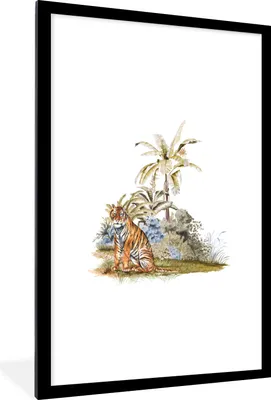 Produktbild von MuchoWow® MuchoWow® Gerahmtes Poster Tiger - Pflanzen - Weiß 60x90 cm - Poster mit zchwarzem Bilderrahmen - Dekoration - Wandposter Wohnzimmer - Hochwertig