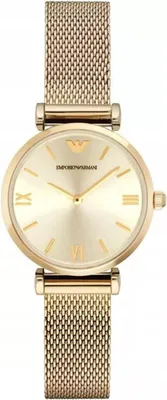 A close-up, studio shot of a gold Emporio Armani watch.