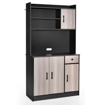 A freestanding kitchen cabinet with a hutch and integrated storage.