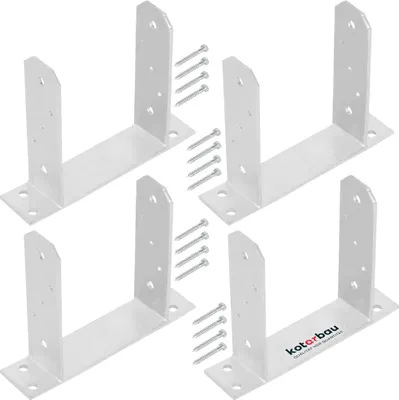Four metal post brackets and screws are arranged in a grid on a white background.