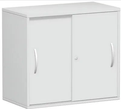 A white cabinet with sliding doors and silver handles.