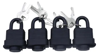 Immagine prodotto di Set di 4 lucchetti da esterno, resistenti alla pioggia, in ottone, dimensioni 58,9 x 38,8 mm, con 3 chiavi per ogni lucchetto