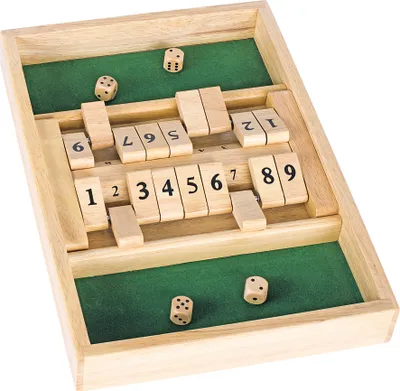 Produktbild von goki 56897 Shut the box Doppel Würfelspiel, 34 x 23,5 x 4 cm, Holz, 4 Würfel, natur