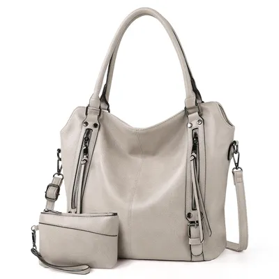 Produktbild von Handtasche Damen Schultertasche Groß Shopper Vegan Handtasche Umhängetasche Geldbörse Damen Taschen 2-Tlg (Grau)