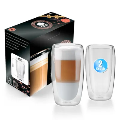 Produktbild von BigDean 2 Stück hohe doppelwandige Latte Macchiato Gläser 350 ml aus Borosilikatglas – Kaffeegläser in Geschenkverpackung