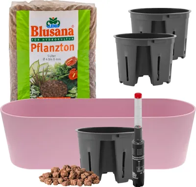 Produktbild von Leni Flori Jardiniere Blumentopf länglich 36 cm pastell-rosa / hell pink Hydrokultur-Komplett-Set mit Übertopf Hydro-Töpfen Wasserstandsanzeiger & Pflanzton