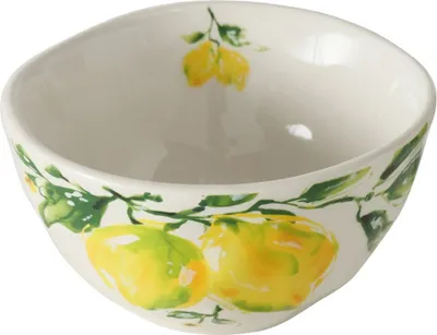 A white ceramic bowl decorated with a lemon and leaf pattern.