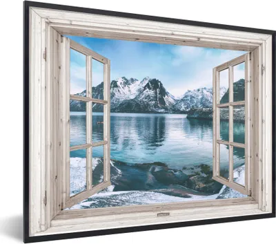 Produktbild von MuchoWow® Gerahmtes Poster Aussicht - Berg - Wasser 80x60 cm - Poster mit Schwarzem Bilderrahmen Wandposter Rahmen Foto Bilder - Schwarzem - Mit Gestell