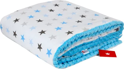 A folded baby blanket with a star pattern and a blue fuzzy trim.
