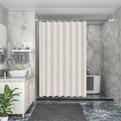 Obrázok produktu pre Unyqoos® Béžová záclona do sprchy, 180 x 200 cm – odolná voči plesniam a vode, 230 g polyester, spodná časť so záťažou, nerezové oká + 12 bielych háčikov