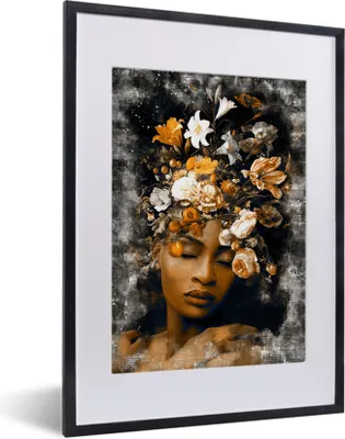 Produktbild von MuchoWow® MuchoWow® Gerahmtes Poster Frauen - Gold - Blumen 30x40 cm - Poster mit zchwarzem Bilderrahmen - Wandposter Schlafzimmer