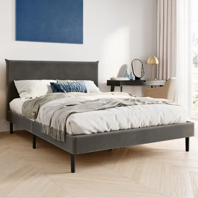 Produktbild von Polsterbett 140x200 und 160x200 cm mit Lattenrost und weichem Bezug, Bettgestell 140x200 cm, Grau, Cordbezug