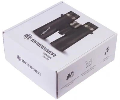 A white cardboard box with an image of binoculars and branding.