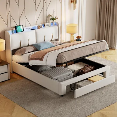 Image de Lit Coffre 160x200 Cm Avec LED, Sommier à Lattes, USB Type-c, Capitonné Velours Blanc