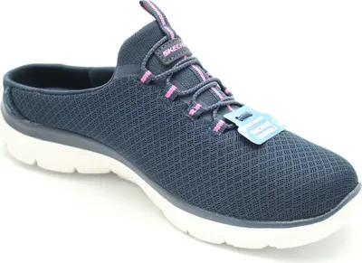 A single blue Skechers mule shoe with pink accents is shown against a white background.