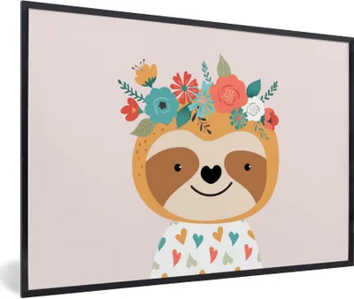 Produktbild von MuchoWow® Gerahmtes Poster Faultier - Blumen - Tiere 60x40 cm - Poster mit Schwarzem Bilderrahmen Wandposter Rahmen Foto Bilder - Printing - Wanddeko Schlafzimmer