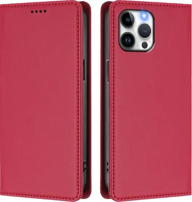Produktbild von Handyhülle für iPhone 12 Pro Max, Kunstleder Klapphülle Stoßfeste Magnetische Hülle mit Ständer Rot