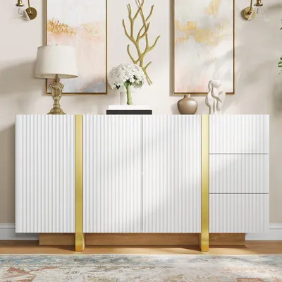 Produktbild von Merax Sideboard mit 3 Türen und 3 Schubladen, Kommode mit geriffelte Front, goldene Zierleisten, Stauraumschrank aus MDF, Metallscharniere, Weiß
