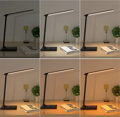 A collage of six images showing a black LED desk lamp with different lighting settings and brightness levels.