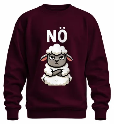 Imagen del producto de Camiseta de punto uni, diseño de oveja gruñona, sarcástica y hosca, estilo caricatura, temática de granja. Color burdeos, talla S