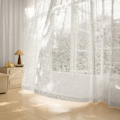 Imagen del producto de Cortina de encaje jacquard blanca, con ojales, juego de 2 unidades, 132 x 213 cm