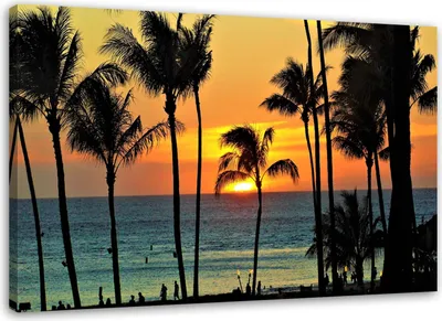Produktbild von Leinwandbild palmen bei sonnenuntergang 90x60 cm Feeby gelb wandbild bereit zum aufhängen