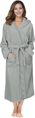 Produktbild von Damen-Bademantel mit Kapuze aus Flanell, Plüsch, lang, Spa-Bademantel mit Taschen am Bund, weich, flauschig, Bademantel mit Kapuze zum Entspannen