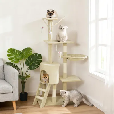 Produktbild von Kratzbaum mit Höhle und Schlafnest, Katzenkratzbaum, Katzenbaum mit Sisal, Beige | 60 x 35 x 134 cm | Plüsch & Sisalstämme | für Katzen bis 5 kg