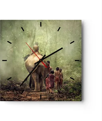 Produktbild von Wanduhr - Quadrat - Glasuhr - Elefant Dschungel Nebel - 40x40cm - Schleichendes Uhrwerk - Lautlos - zum Aufhängen bereit - Dekoration Modern - Wanddekoration aus Glas - C3AC40x40-3438
