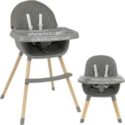 Produktbild von Laavir® Hochstuhl Grau - Multifunktionaler Kinderstuhl Holz 2in1 - Verstellbares Esstablett - Verstellbarer 5-Punkt-Gurt