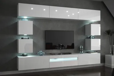 Produktbild von Furnitech Wohnwand: Modernes Wohnzimmer Möbel mit LED - Weißer Hängeschrank - 273 cm