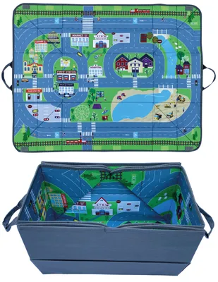 Image de HECKBO Organisateur de voiture et tapis de jeu 4 en 1 - Boîte de rangement de jouets pour enfants - Tapis de jeu pliable avec motif de rue - Fixation sûre dans la voiture