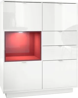 Produktbild von Vladon Highboard Sideboard Metro, Germany, Korpus in Weiß Hochglanz / Fronten in Weiß Hochglanz mit Einsatz in Bordeaux Hochglanz, inkl. LED Beleuchtung