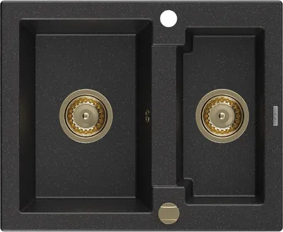 Produktbild von Mexen Carlos 1,5-Becken-Granitspüle 582 x 475 mm, Schwarz/Silbermetallic, Siphon Gold - 6518581500-73-G
