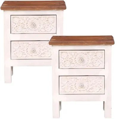 Produktbild von 2er-Set Nachttische Hosno Mangoholz im Boho-Stil handgefertigt, Weiß-Braun 55 cm