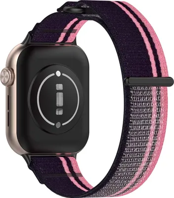 The back of a smartwatch with a striped nylon band.