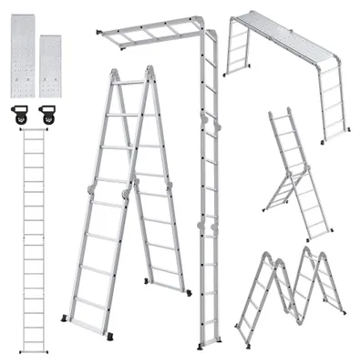 Produktbild von Aluminium Mehrzweckleiter 4x4 mit Plattform, 6-in-1 Klappleiter, 470 cm, bis 150 kg, Silber