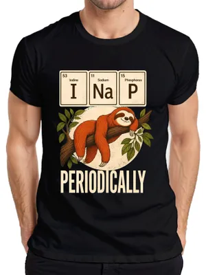 Zdjęcie produktu dla T-shirt męski "I Na P", z motywem leniwca, napisami "Periodically Lustiges" i "Chemie Statement", czarny, rozmiar S