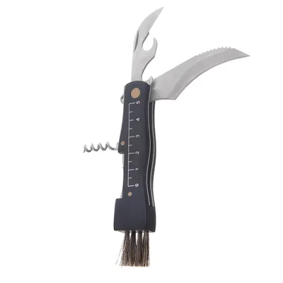 A multi-tool knife with various attachments, including a corkscrew, bottle opener, and brush, against a white background.