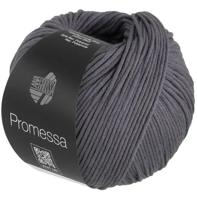 A ball of dark gray yarn with a black label wrapped around it.