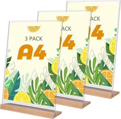 Zdjęcie produktu dla Podstawka pod kartki formatu A4, 3 sztuki - wykonana z akrylu w kształcie litery "L" - z drewnianą podstawą - idealna do umieszczania menu i ulotek informacyjnych
