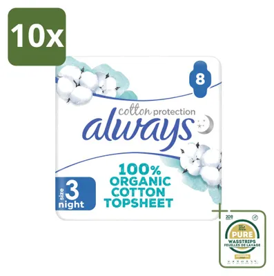 Imagen del producto de 10 toallas sanitarias nocturnas Always Baumwolle Protection con alas, 100% algodón orgánico, paquete de ahorro, 10 unidades