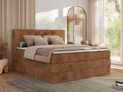 Produktbild von MKS MEBLE Łóżko kontynentalne TILIANO KING 180x200 podwójne do sypialni, sztruksowa tkanina, z dwoma materacami Multipocket, dwa pojemniki na pościel - H3 - Pomarańczowy, sztruks