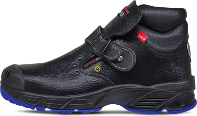 A black safety boot with a blue sole is shown against a white background.