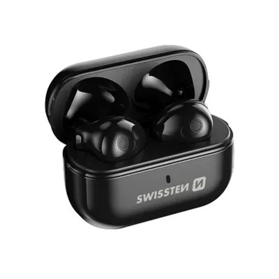 A pair of black wireless earbuds in an open charging case.