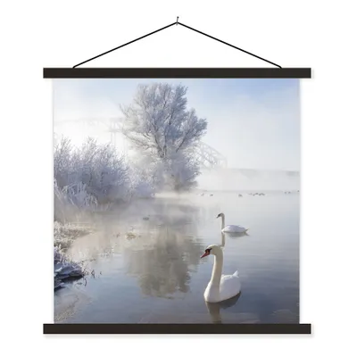 Produktbild von MuchoWow® Textilposter Schwäne - Wasser - Winter 90x90 cm mit schwarzem Rahmen - Magnetisches