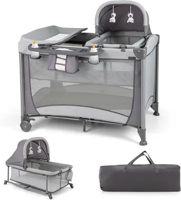 Produktbild von 5 in 1 Beistellbett mit Rollen, Reisebett faltbar mit Matratze, 2 Ebenen Kinderbett mit Wickelauflage & Aufbewahrungskorb, Babybett Stubenwagen mit Tragetasche, 15kg belastbar (Grau)